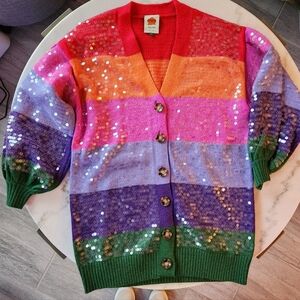 Farm Rio Colorful Striped Sequin Midi Cardigan Sweater Size SMALL